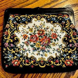 Vintage Tapestry Clutch 1950s Cottagecore Bakelite Handle Evening Bag